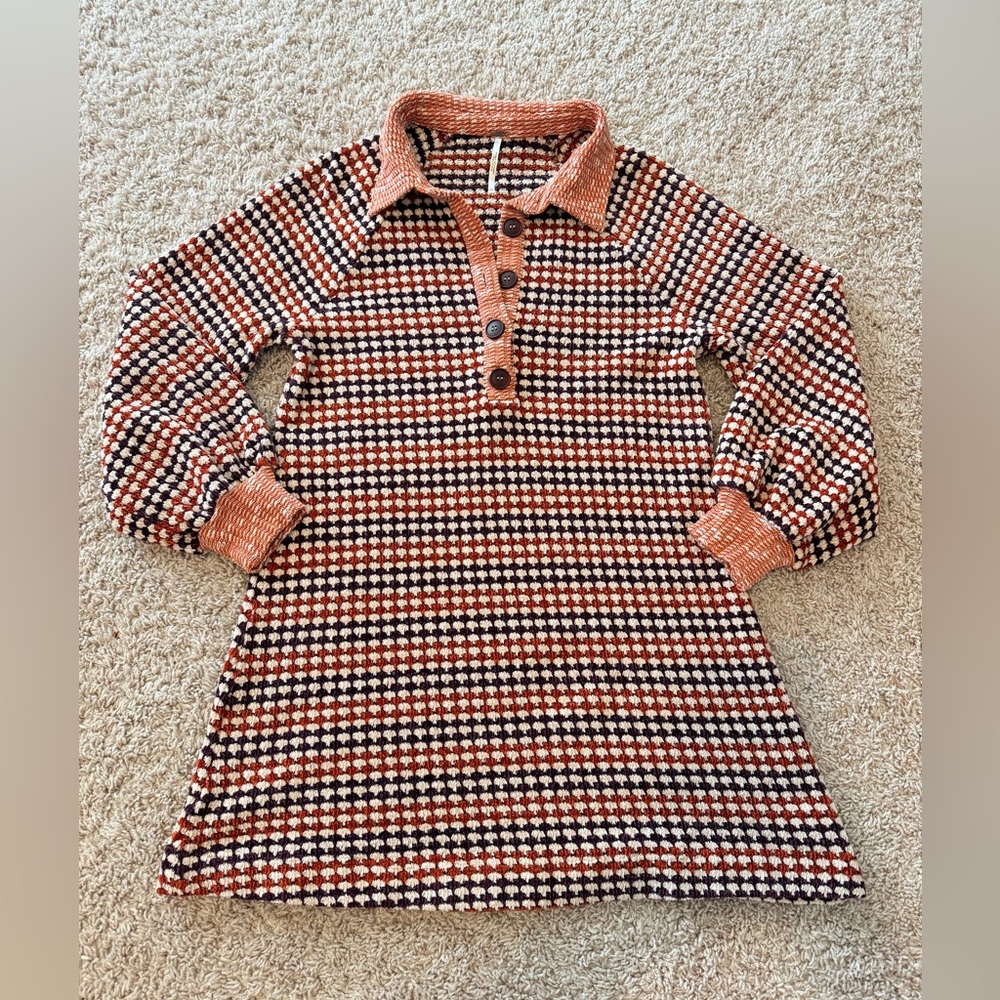 Free People Orange/Purple Chenille Knit Houndstooth Checkered Patterned Dress XS - Picture 6 of 15